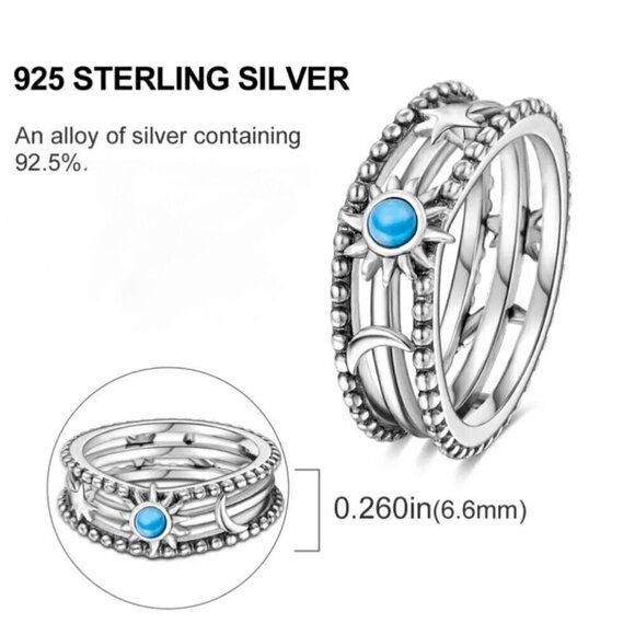 NWT Wide Band Ring S925 Sterling Silver Stamped Sun Moon Star Turquoise Sz. 8 - Picture 6 of 9